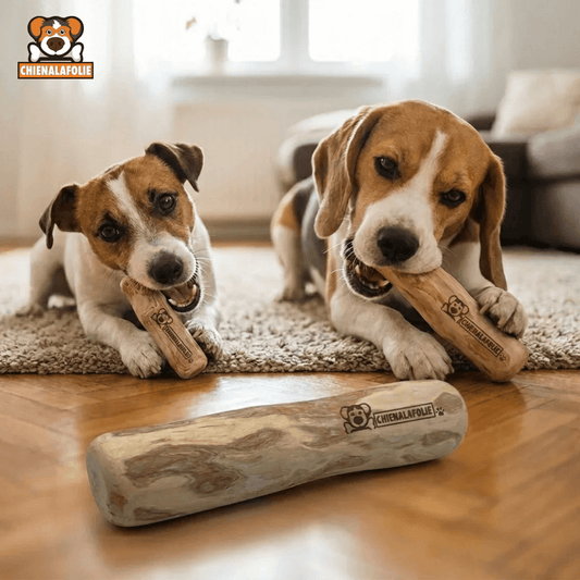 Deux chiens mâchent un jouet naturel en bois de café Chienalafolie pour mastication naturelle sécuritaire chien destructeur