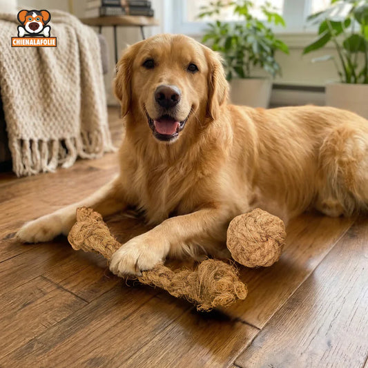 chien_golden_retriever_couche_avec_son_duo_corde_et_balle_de_coco_Chienalafolie