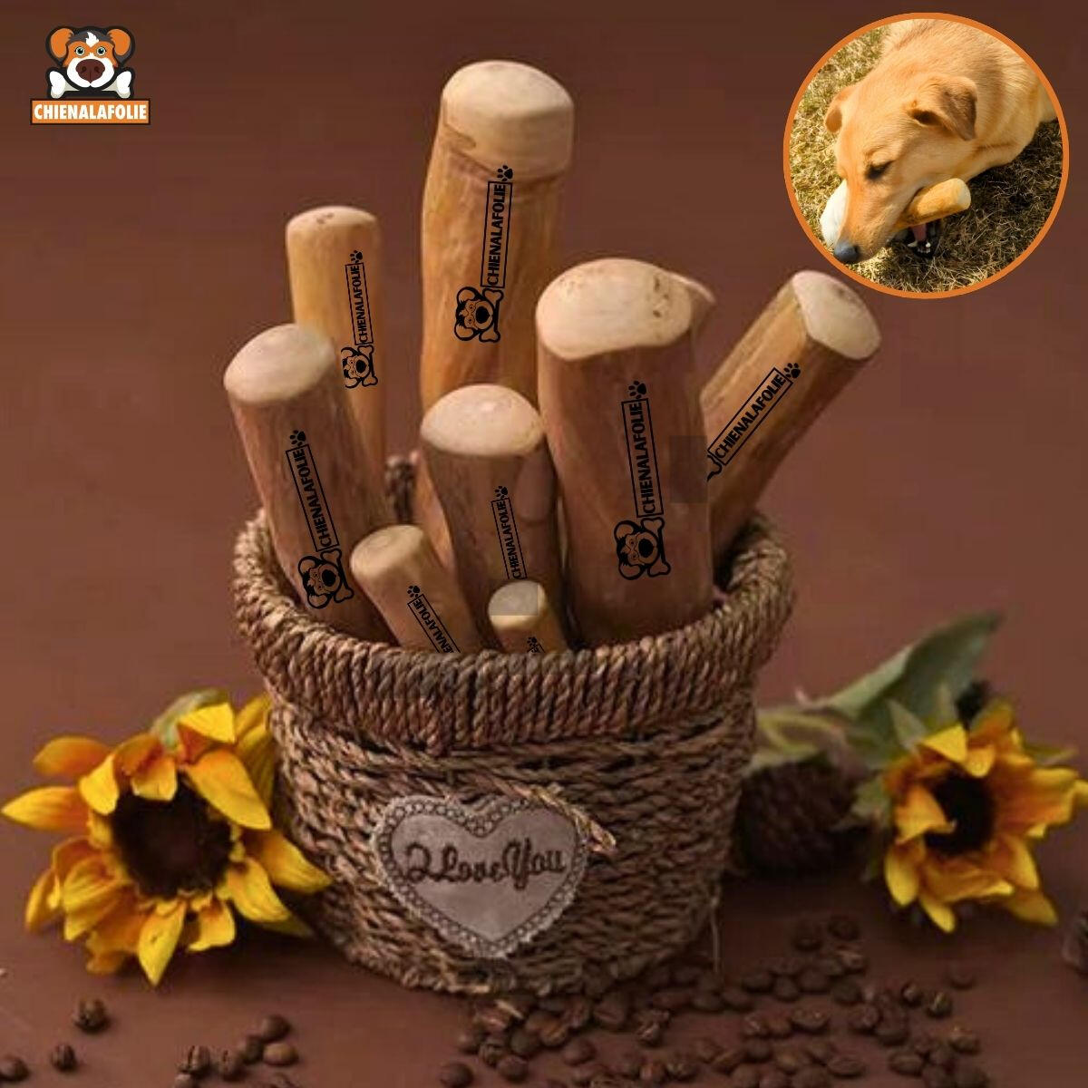 Presentation_rustique_des_batons_de_bois_de_cafe_durables_Chienalafolie_avec_tournesols Presentation_rustique_des_batons_de_bois_de_cafe_durables_Chienalafolie_avec_tournesols