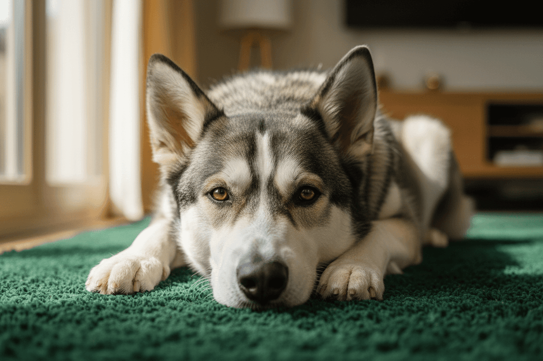 Chien couché sur un tapis, symbole de mastication sécuritaire avec jouet naturel selon Guide Ultime mastication naturelle chien