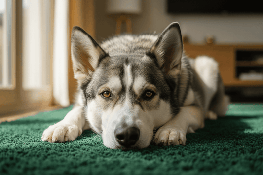 Chien couché sur un tapis, symbole de mastication sécuritaire avec jouet naturel selon Guide Ultime mastication naturelle chien