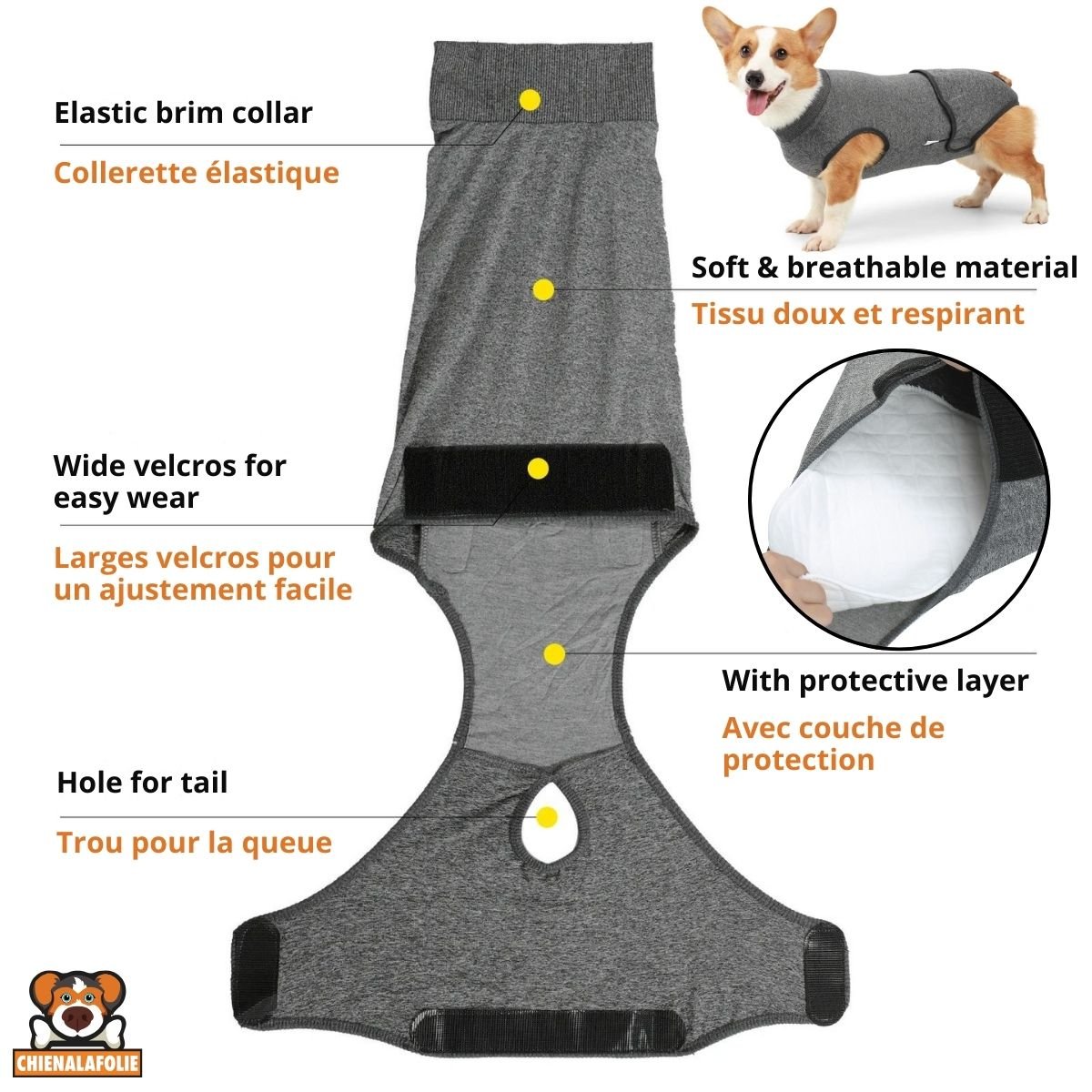 Vêtement de Récupération Chirurgicale pour Chien avec Poche Ventrale - CJGD171087501AZ - Vêtements de récupération - Chienalafolie